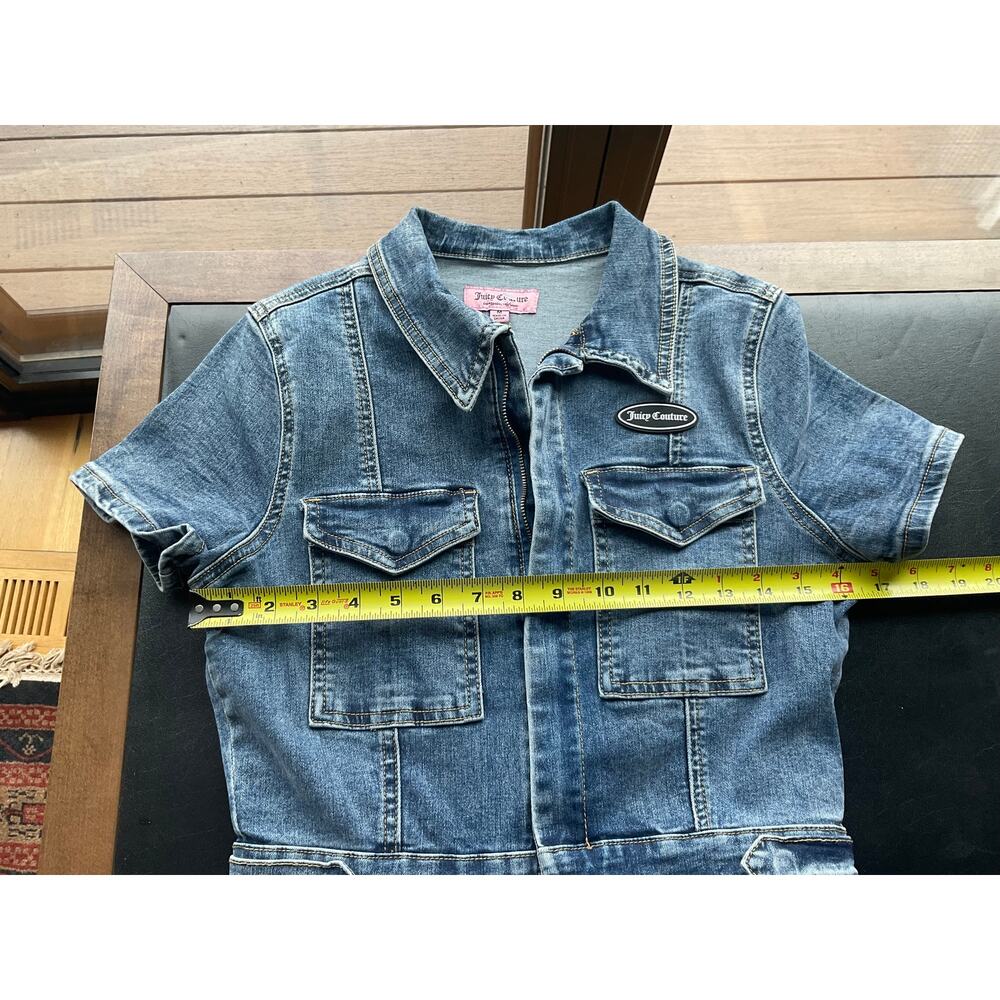 Juicy Couture Denim Jumpsuit Utility Romper Belted Y2K Short Sleeve Blue Jean - Picture 12 of 12